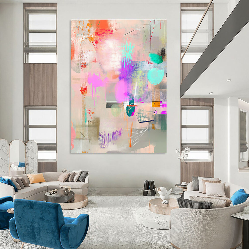 Large abstract painting featuring pastel colors and whimsical shapes on a light gray background ideal for creating a cheerful atmosphere in any space.STSC1025