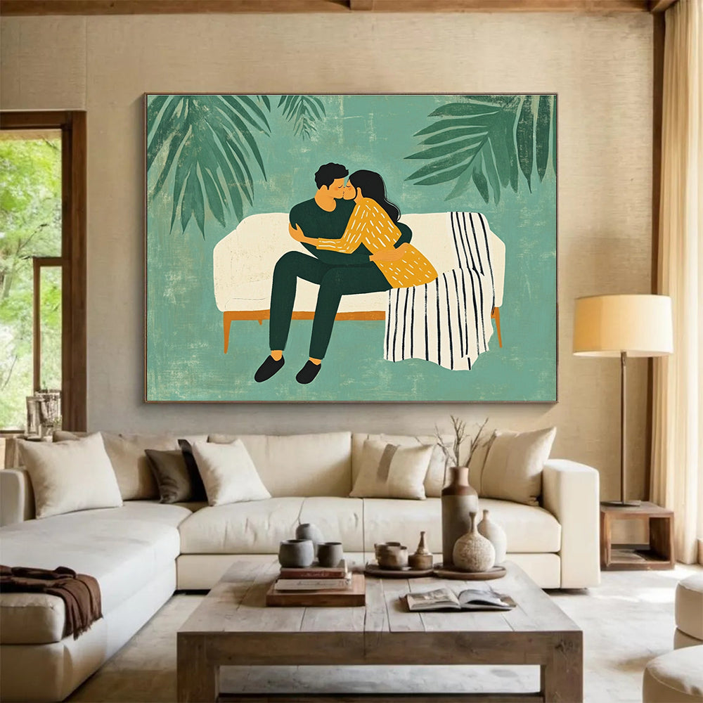 Romantic Couple Abstract Painting with Green and Yellow Tones DYP558