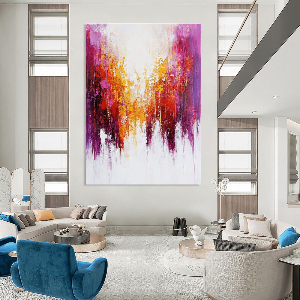 Large abstract painting featuring soft red and purple brushstrokes with hints of yellow and dripping paint on a white background.STSC416