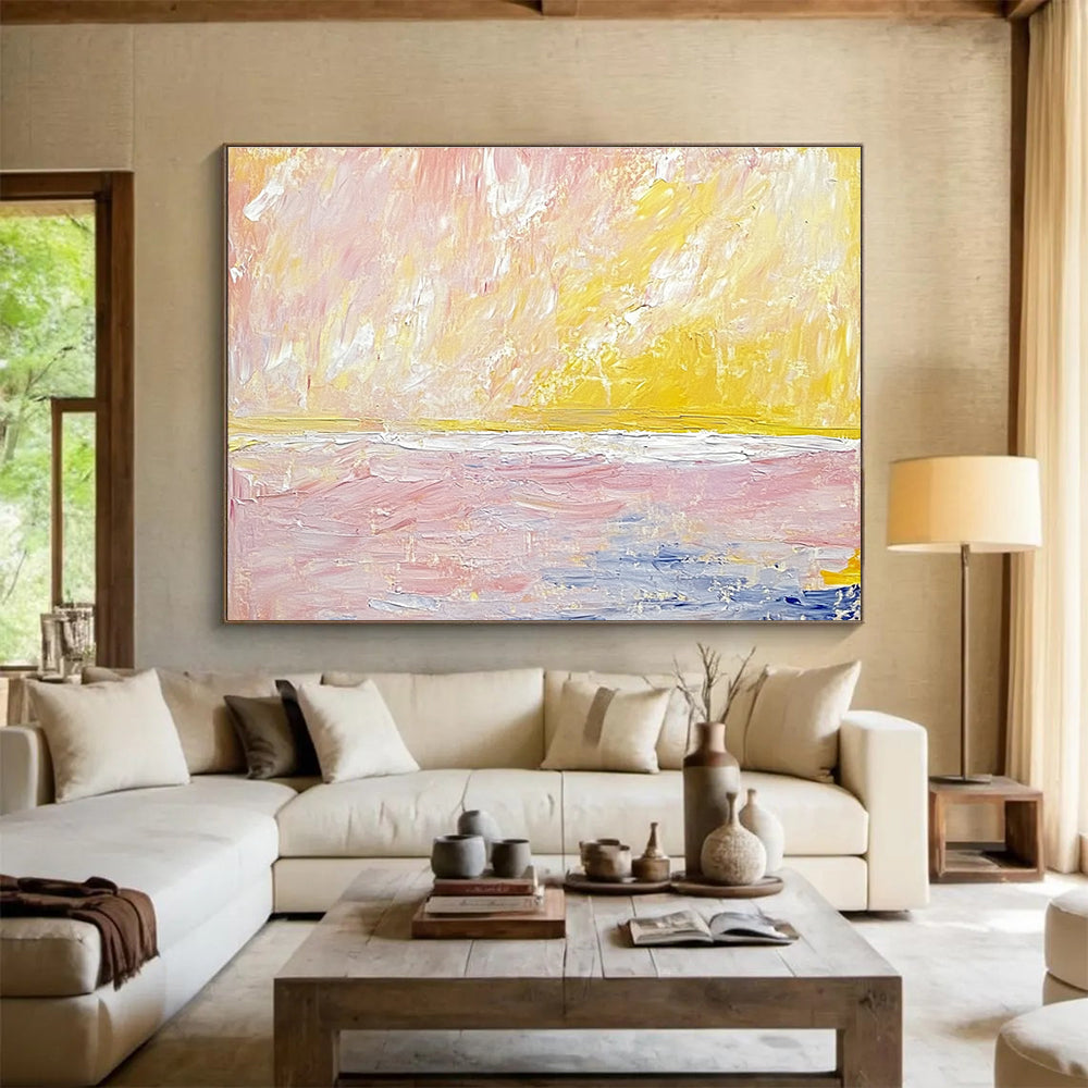 Pastel Sea Landscape Abstract Painting with Pink and Yellow Hues DYP523