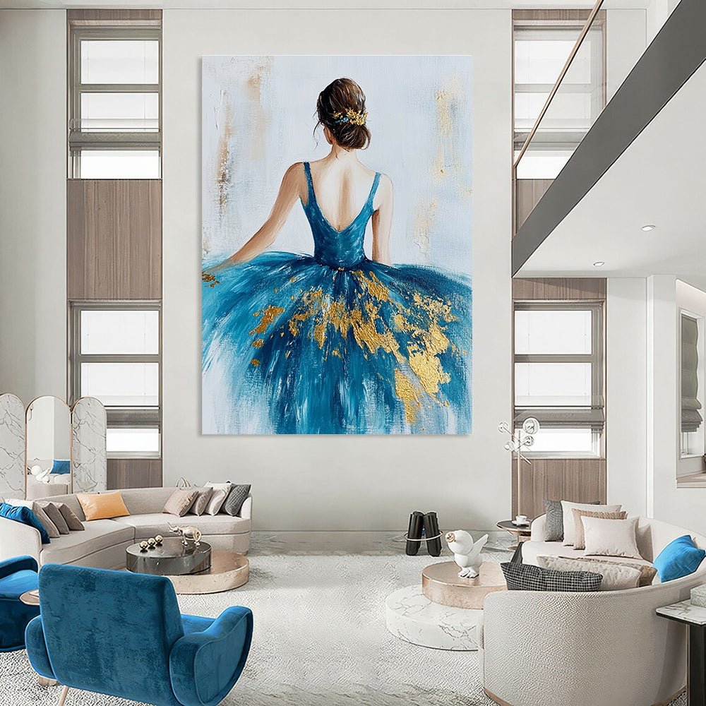 Large abstract painting of a ballerina in a blue dress with gold leaf on a textured white canvas background.STSC155