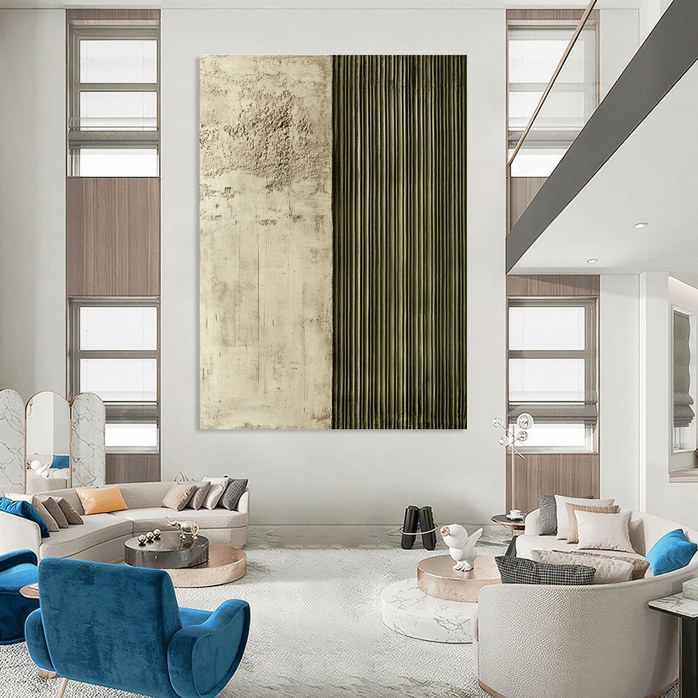 Large abstract painting featuring textured panels with soft concrete and greenish-grey rebar lines creating a striking contrast and depth.STSC542