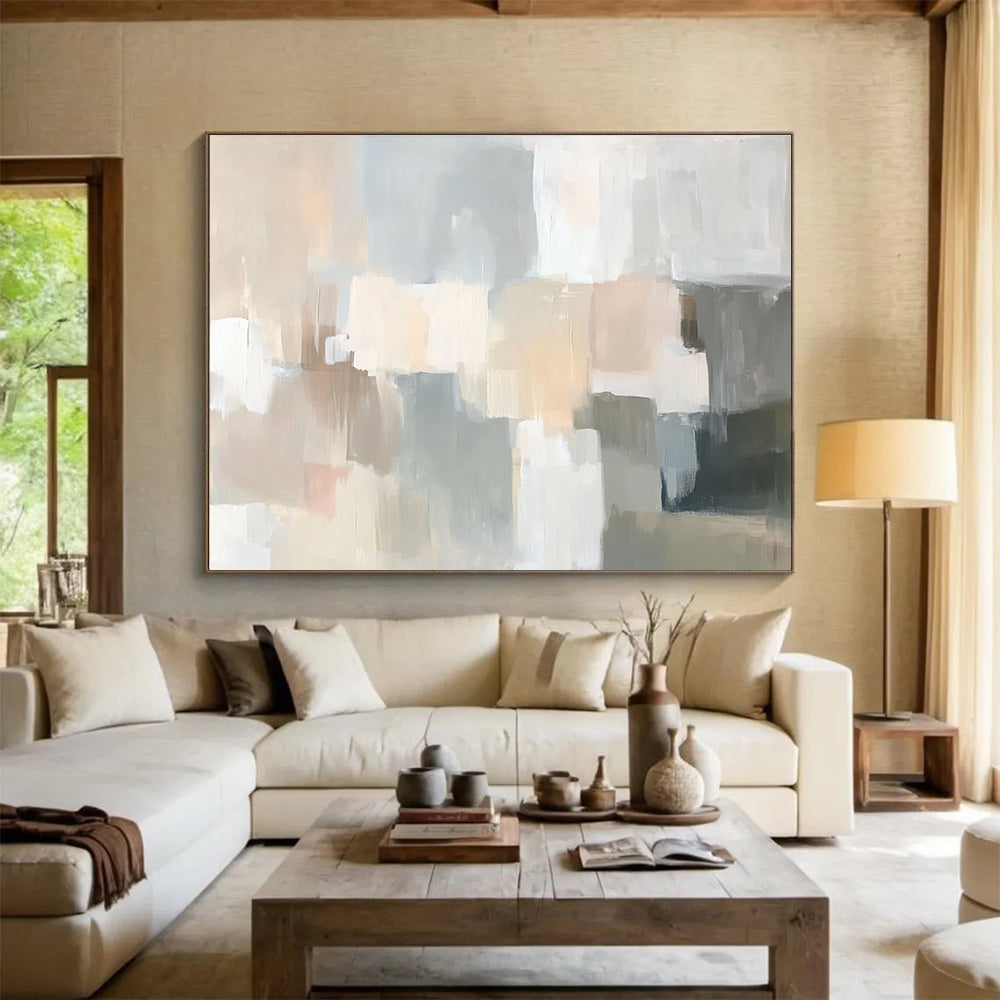 Large abstract painting in soft neutral tones featuring muted strokes of beige cream grey dusty pink pale sage green gray peach and light blue creating a serene scene.SC059