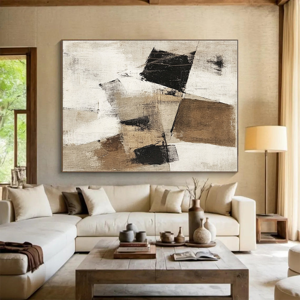 Beige Black Abstract Painting with Geometric Forms GER802
