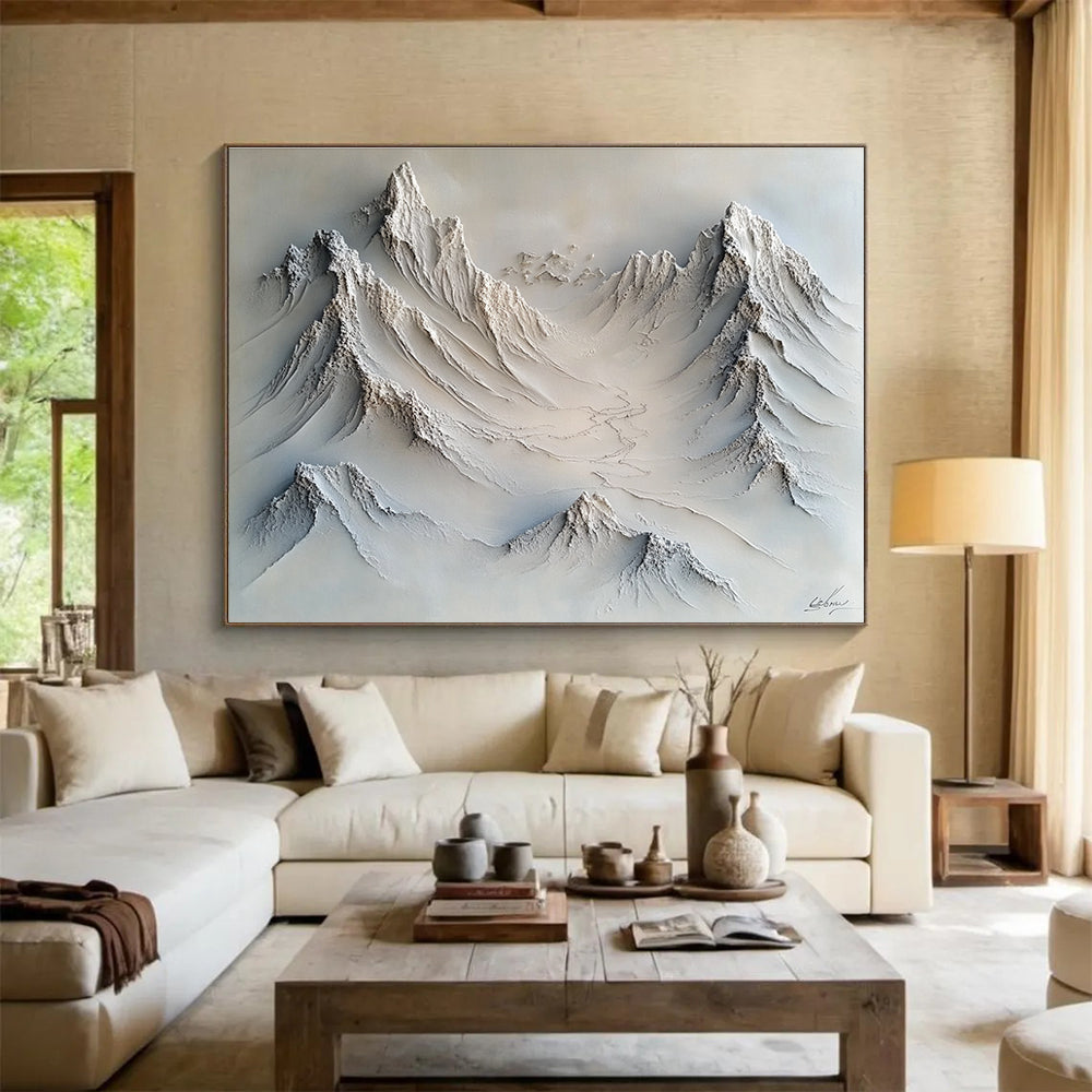 Large abstract painting with soft impasto textures in gray and white featuring snow-covered peaks and valleys for a serene visual experience.SC509
