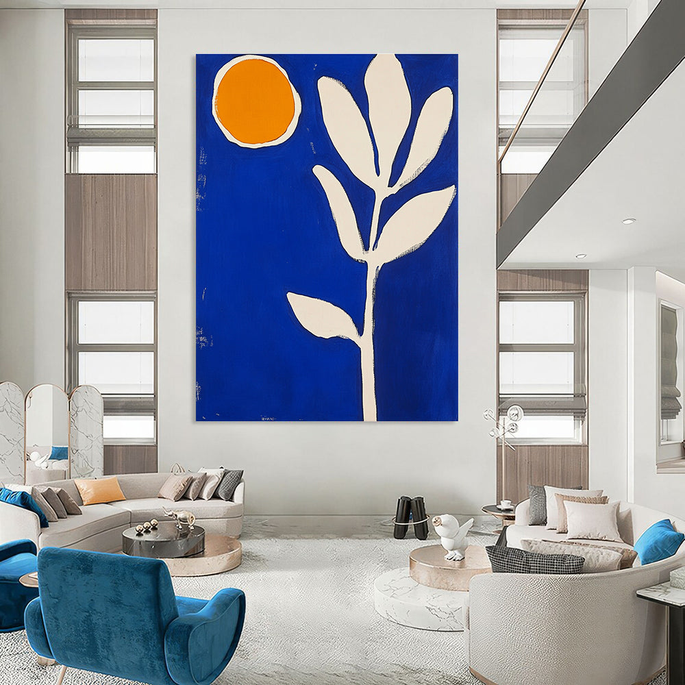 Large abstract painting featuring blue and white shapes an orange sun and a thick brush stroke flower in vibrant colors.STSC1316