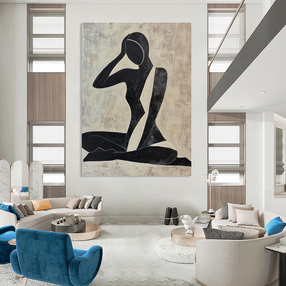 Large abstract painting of a woman doing yoga featuring simple shapes and lines in black and white against a dark clean background.STSC012