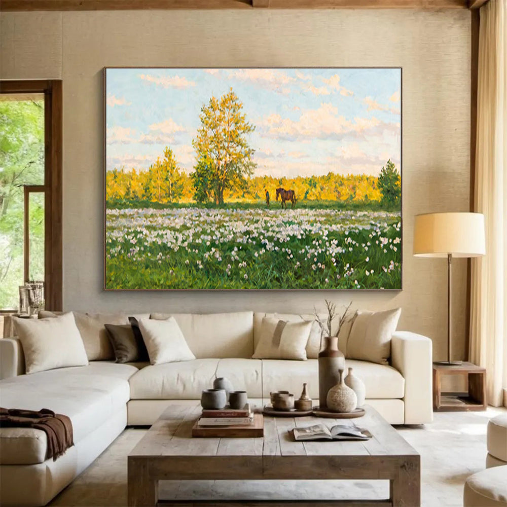 Summer Meadow Abstract Painting with Green, Yellow, and White Tones THY216