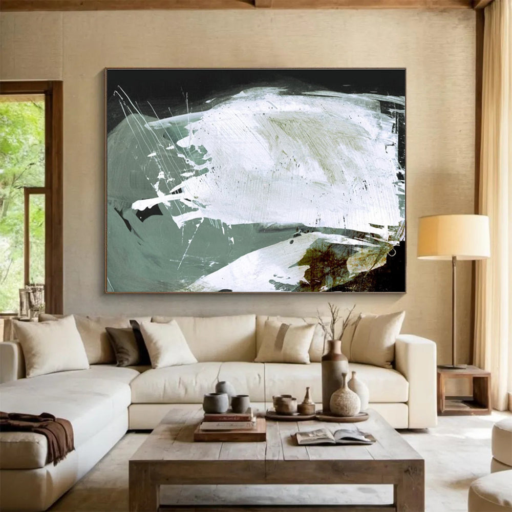 Textured White and Green Abstract Painting with Dynamic Layers THY133