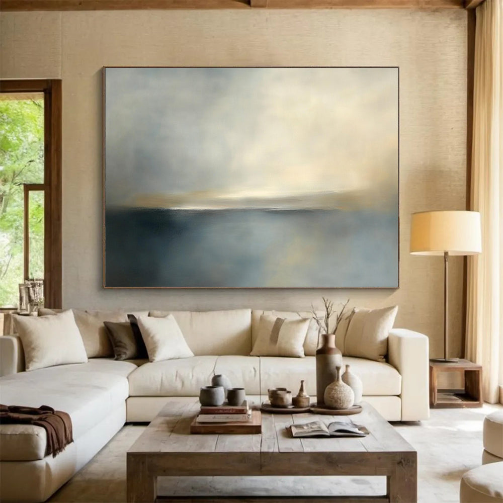 Subtle Horizon Abstract Painting with Soft Grays and Blues DYP239