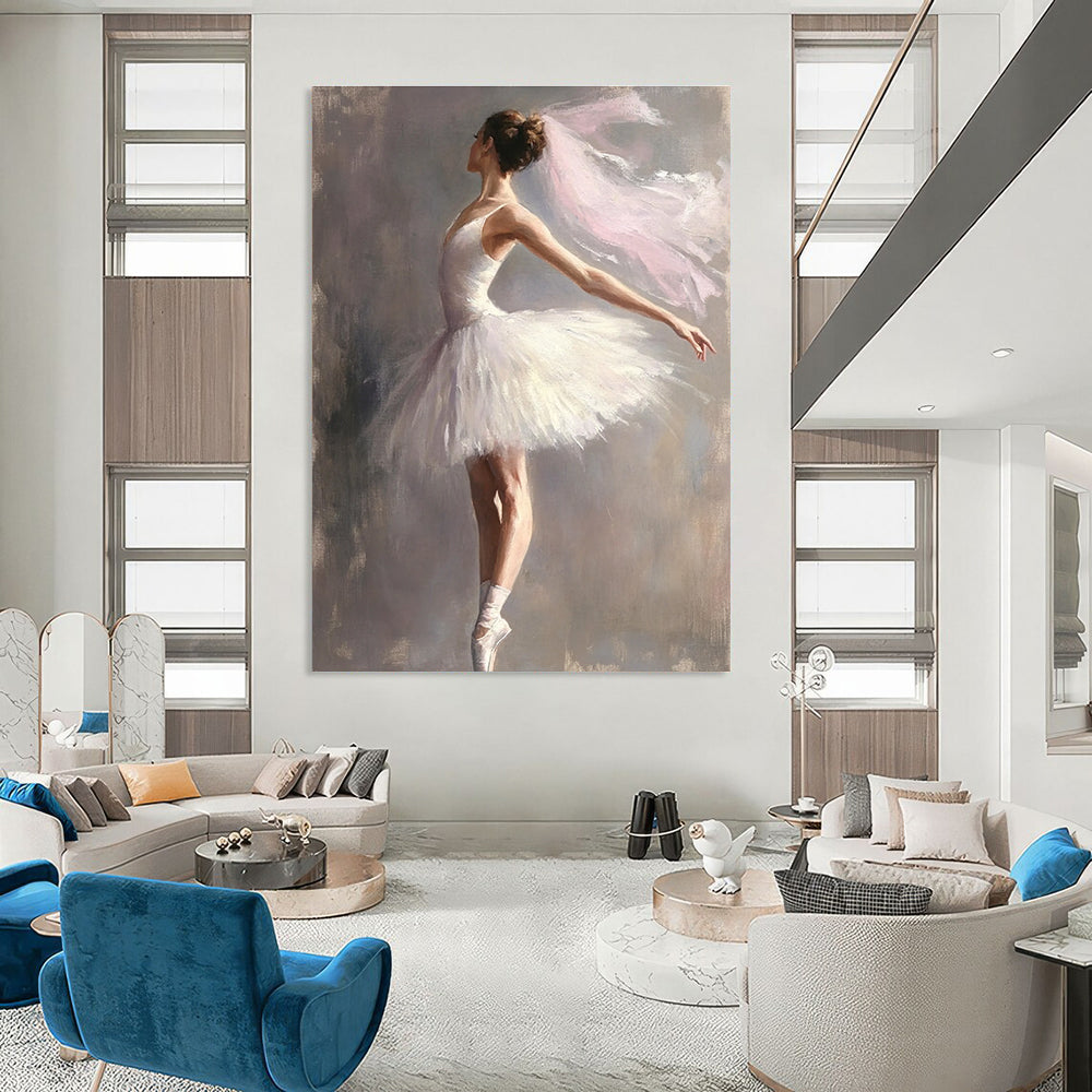 A large abstract painting of a graceful ballerina in a white tutu against a muted gray background capturing elegance and beauty in motion.STSC1004