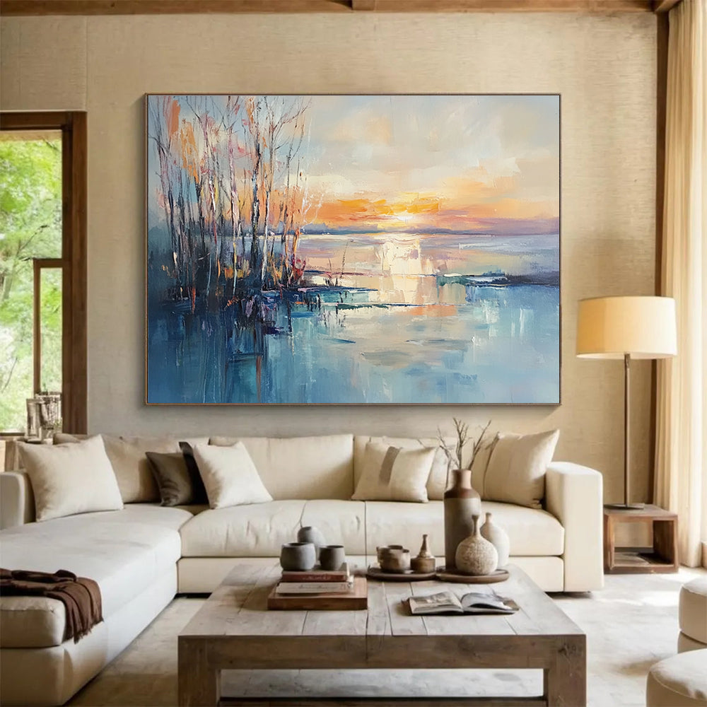 Sunset Lake with Bare Trees Abstract Landscape Painting DYP292