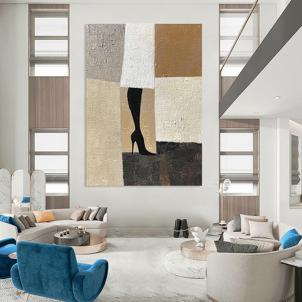 Large abstract painting featuring a woman's legs in Art Deco and Cubism style with a beige white and black palette on textured canvas.STSC1327