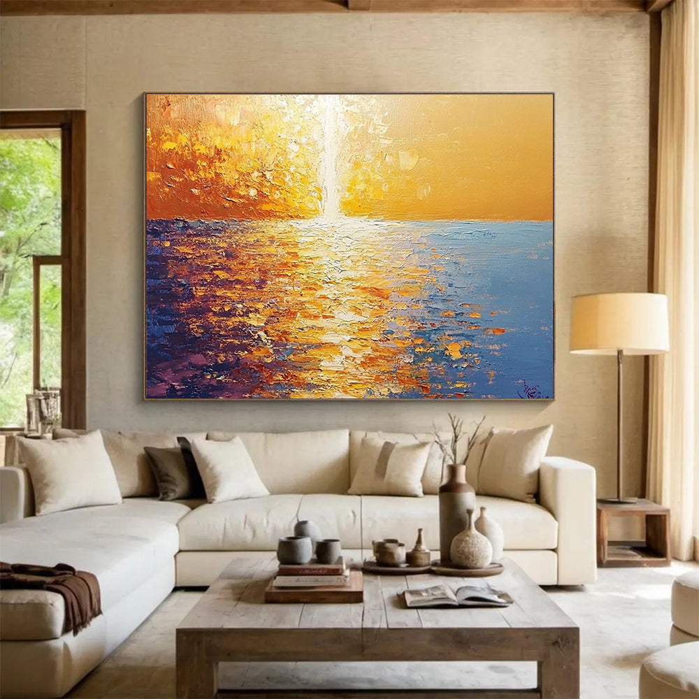 Golden Sunset Sea Abstract Painting with Reflective Textures DYP264