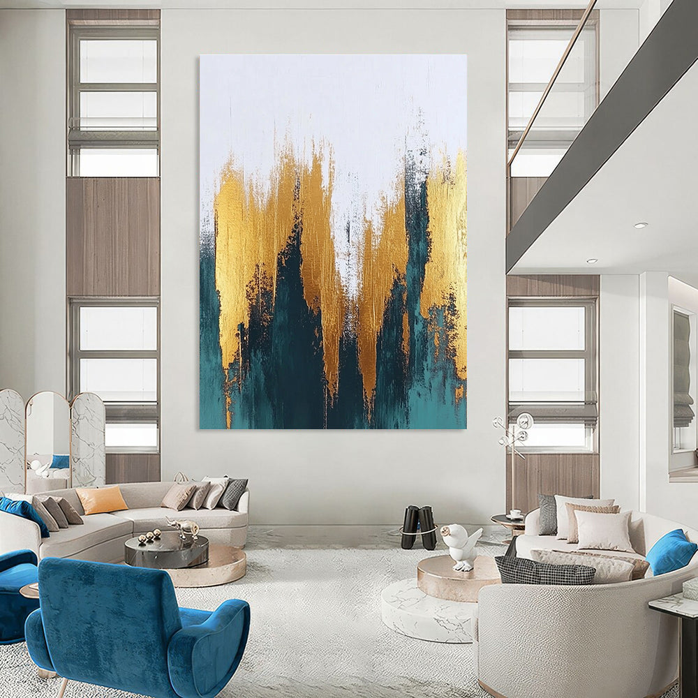 Large abstract painting featuring textured gold and teal brush strokes on a white background perfect for contemporary sophisticated decor.STSC062