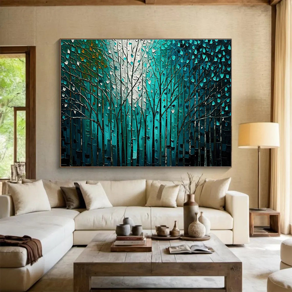 Teal Forest Abstract Painting with Intricate Tree Patterns THY311