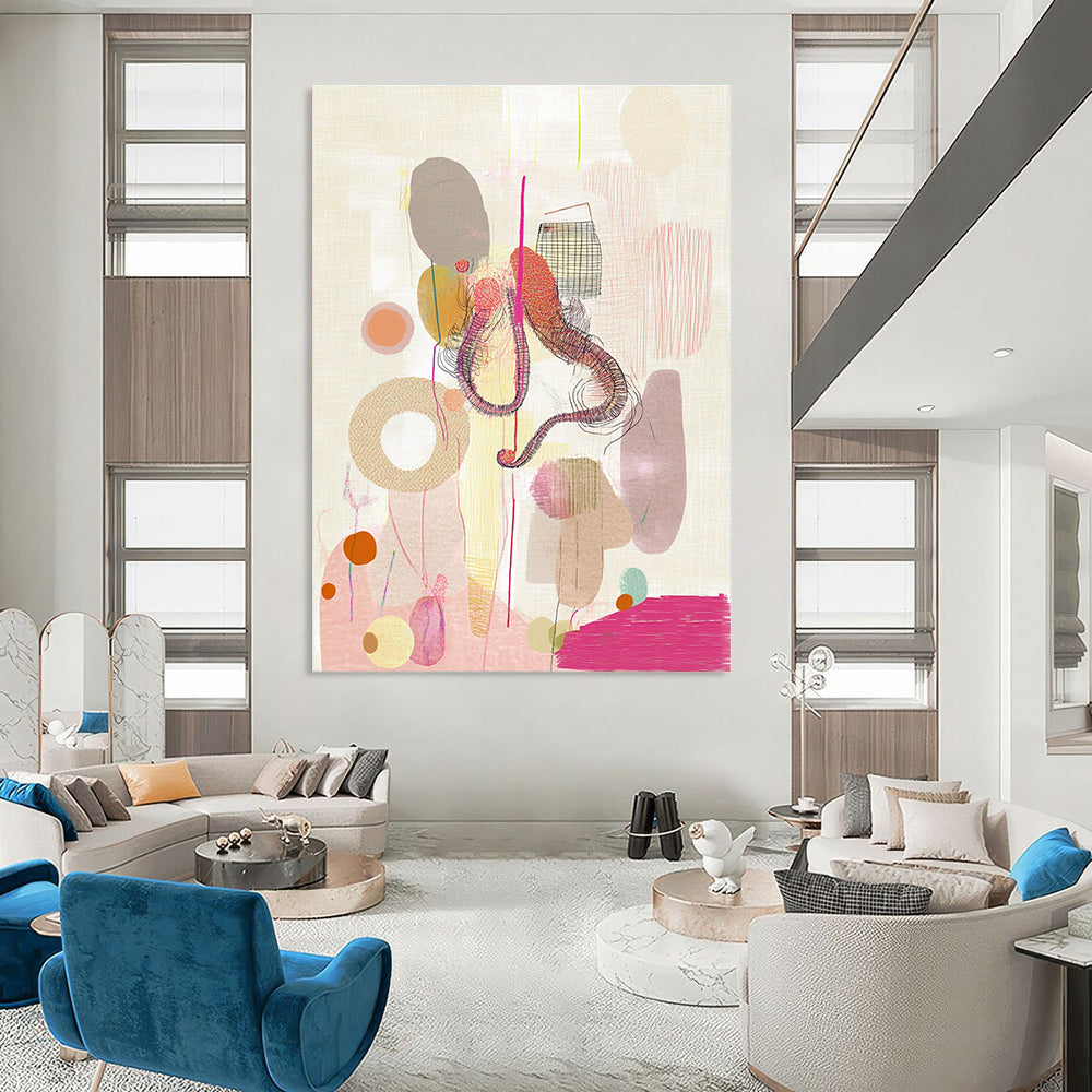 Abstract painting featuring shapes and organic forms with a whimsical octopus figure climbing a geometric form amidst bubbles and pink stripes.STSC841