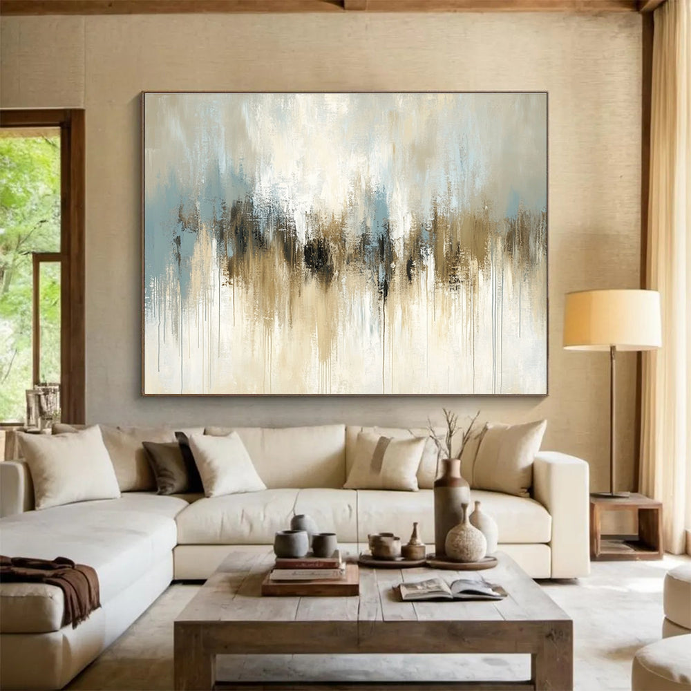 Beige and Blue Abstract Painting with Dripping Effects DYP171