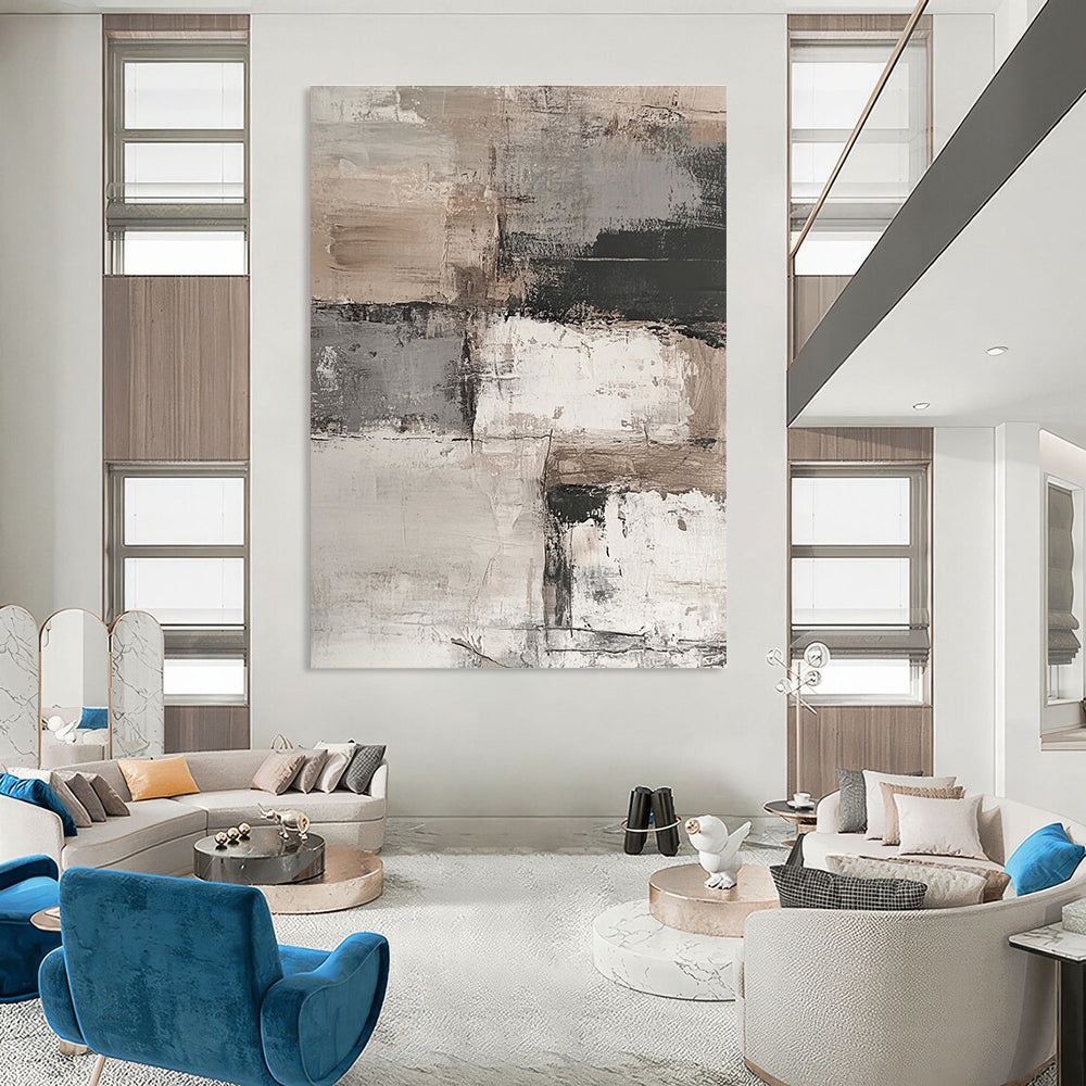 Abstract painting featuring an aged white brick wall with peeling paint, set against a muted background of grey, beige, and brown tones.STSC269