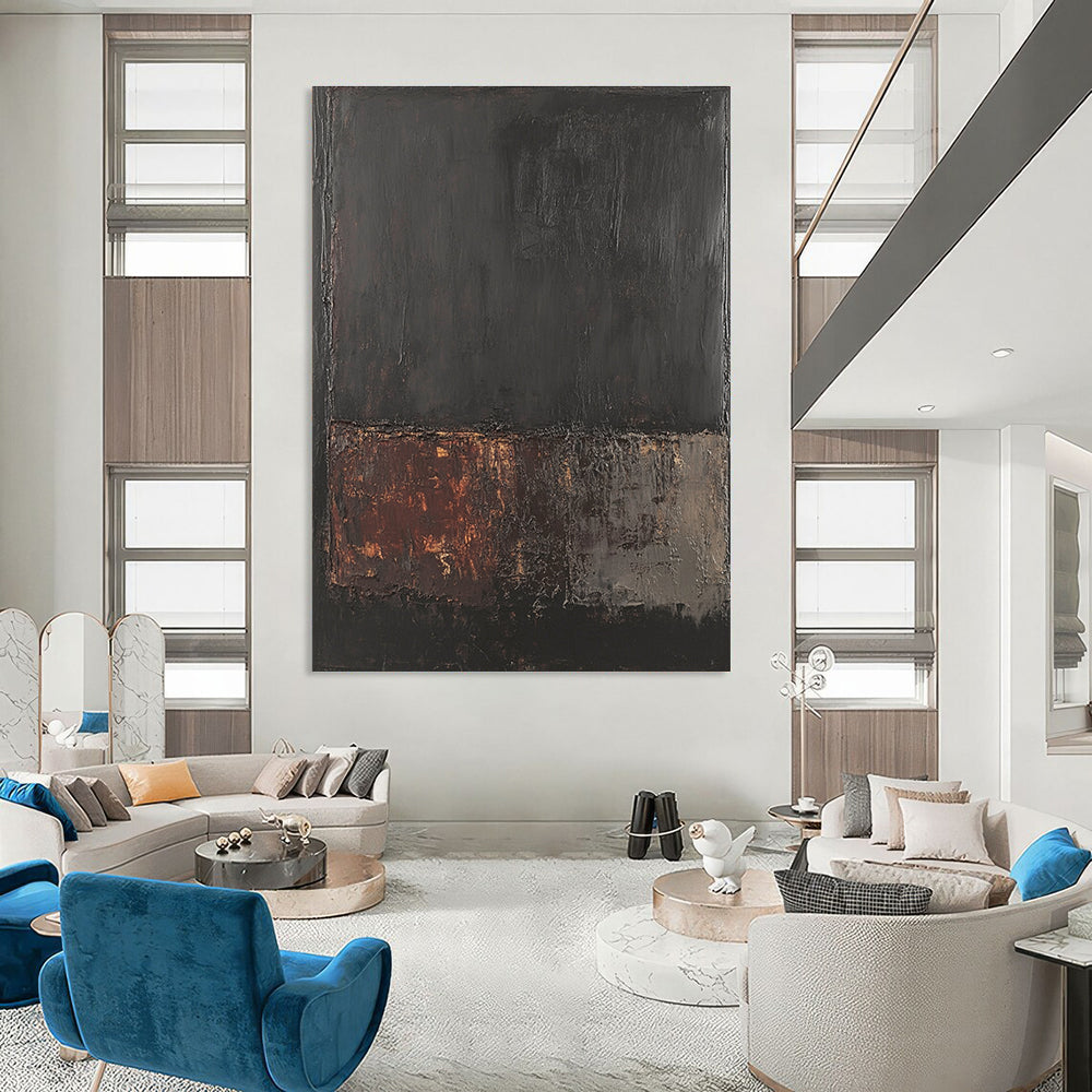 Large abstract painting in dark gray and brown inspired by Rothko with textured oil paint on a black background created using a palette knife.STSC621
