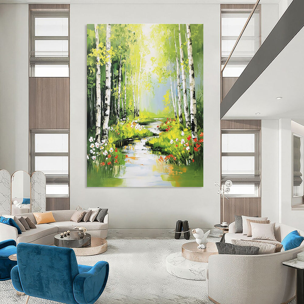 Large abstract painting of serene birch trees flowers and sunlight streaming through leaves in vibrant colors and bold brushstrokes.STSC897