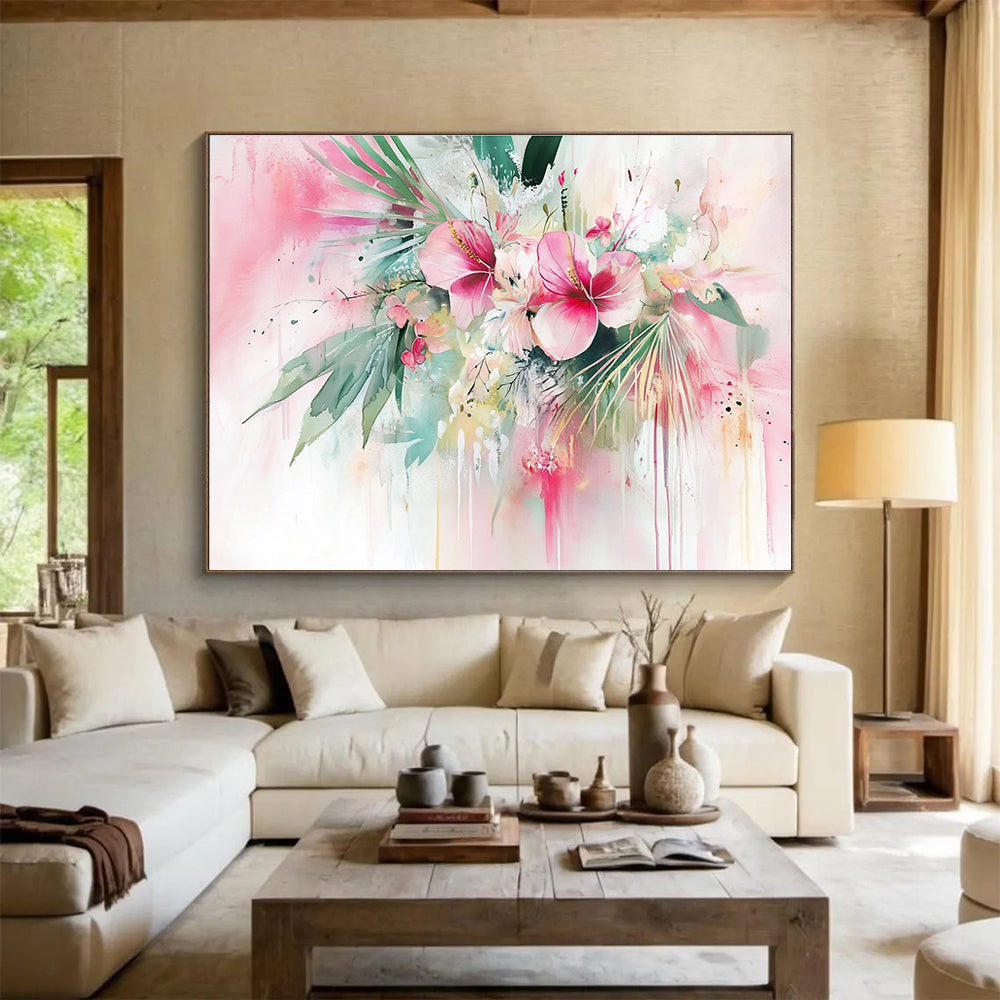 Pink Floral Abstract Painting with Watercolor Drips DYP449