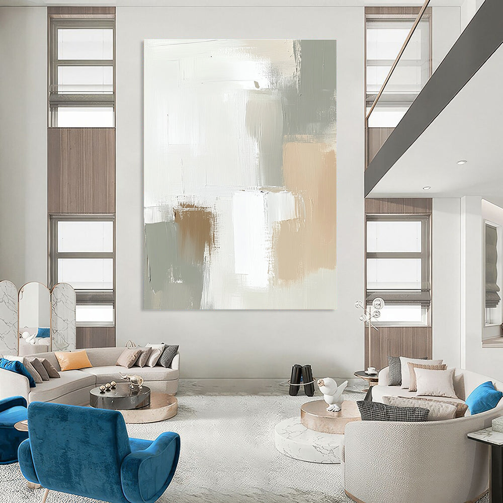 Large abstract painting in soft tones of white and beige featuring soft strokes and neutral shapes that blend harmoniously.STSC379