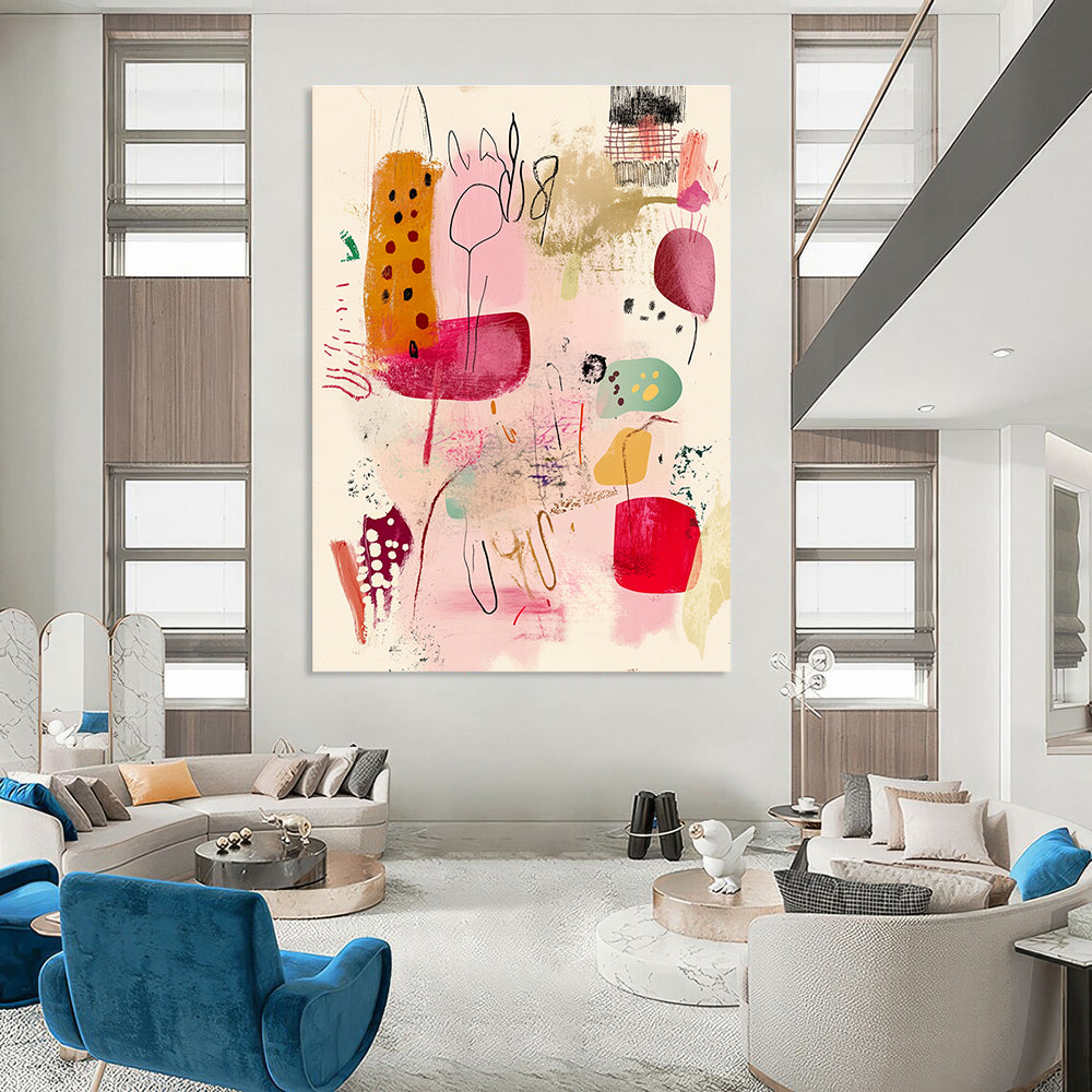 Large abstract painting featuring organic forms in pink red green and yellow with vintage textures and expressive brushstrokes on a light background.STSC1193