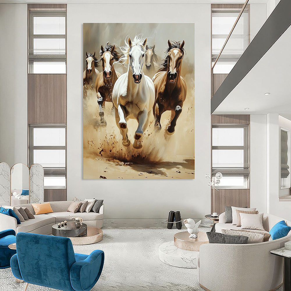 An abstract painting featuring horses in motion with dust clouds around them capturing the essence of speed and natural beauty in a simple landscape.STSC1013