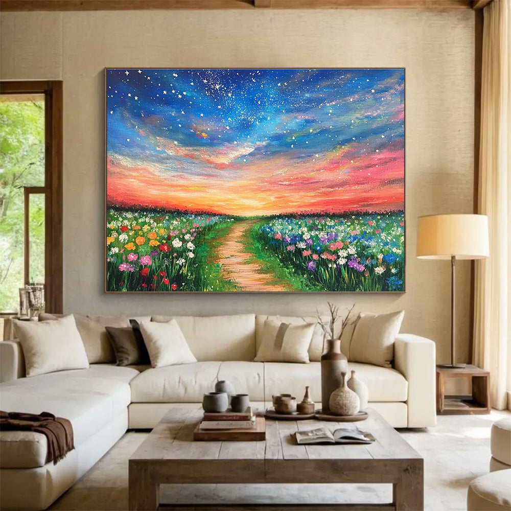 Colorful Floral Path Abstract Painting with Vibrant Sunset Hues DYP555
