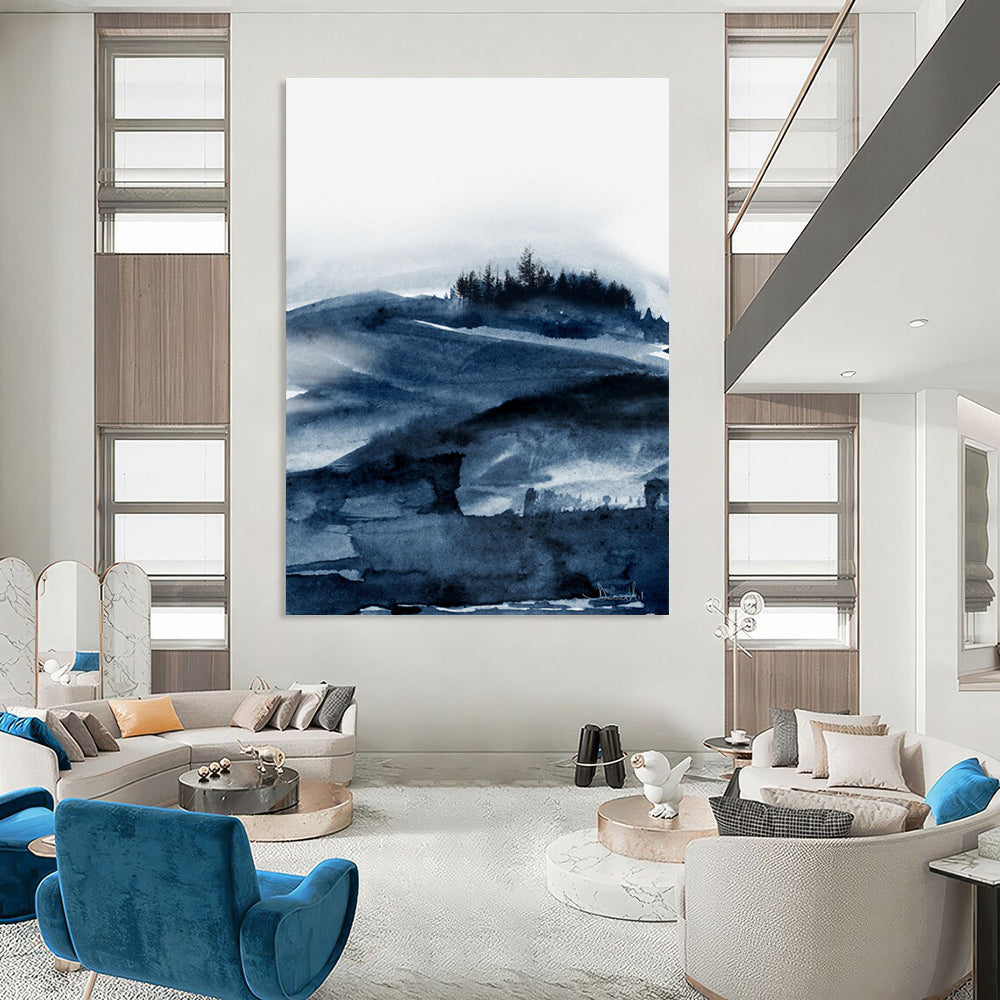 Blue Ink Mountain Landscape Abstract Painting ADGE230