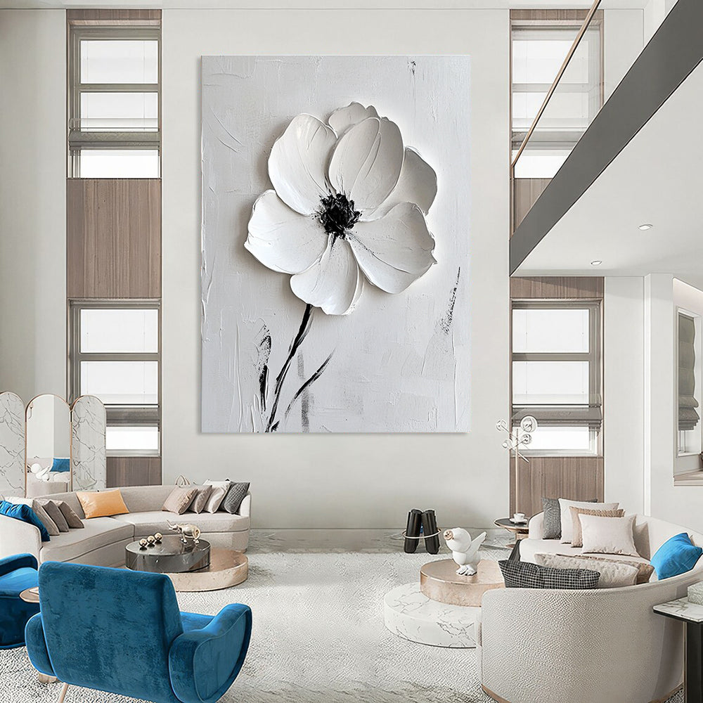 Large abstract white flower painting on canvas with textured brush strokes and elegant minimalist style in white and grey tones.STSC515