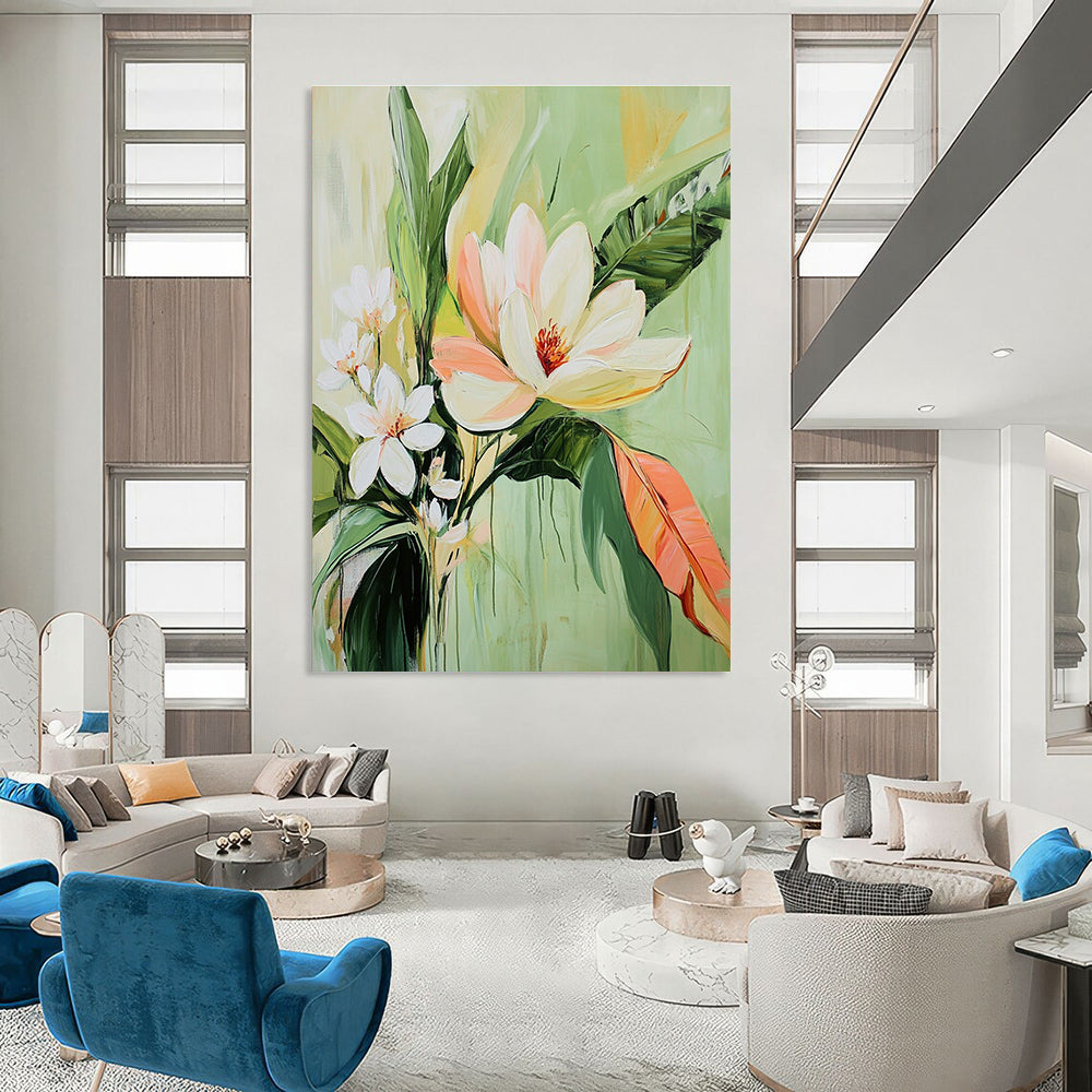 Large abstract painting of tropical flowers featuring a central magnolia and warm light green tones evokes tranquility and calmness.STSC1142