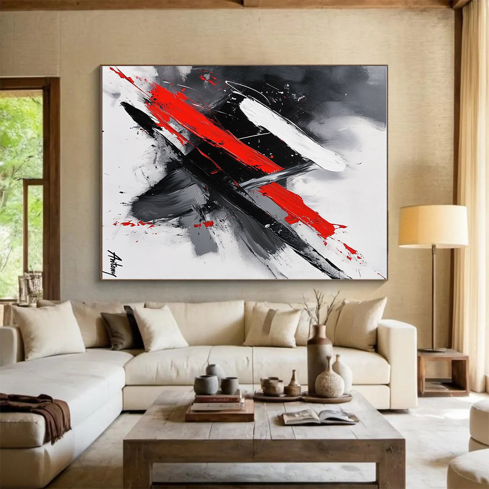 Dynamic Red Black and White Abstract Expressionist Painting GER245