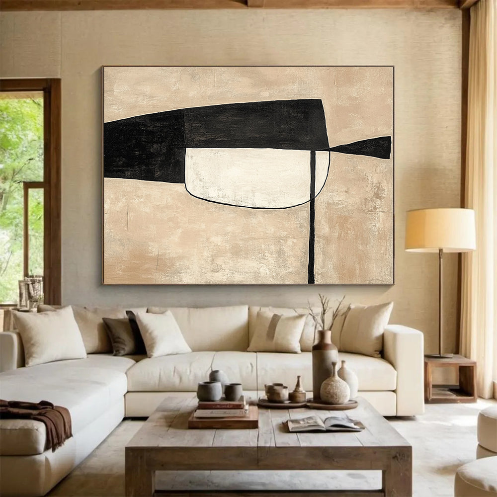 Beige and Black Abstract Painting with Minimalist Shapes GER142