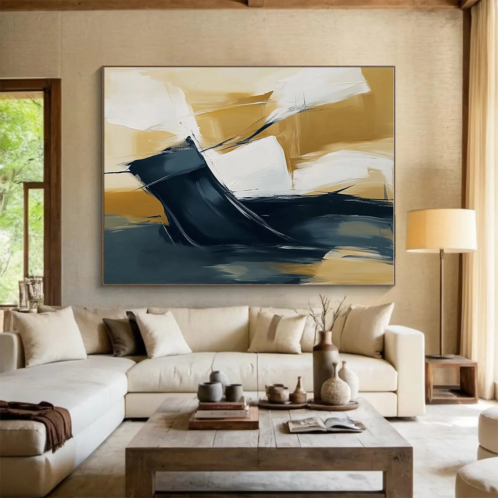 Gold White Black Abstract Painting with Dynamic Interactions GER805