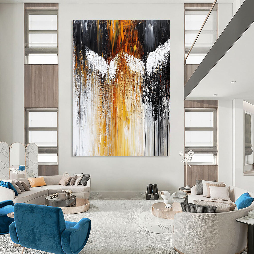Large abstract painting featuring white angels with dark gray and amber hues heavy brush strokes and dripping paint in an expressive style.STSC203