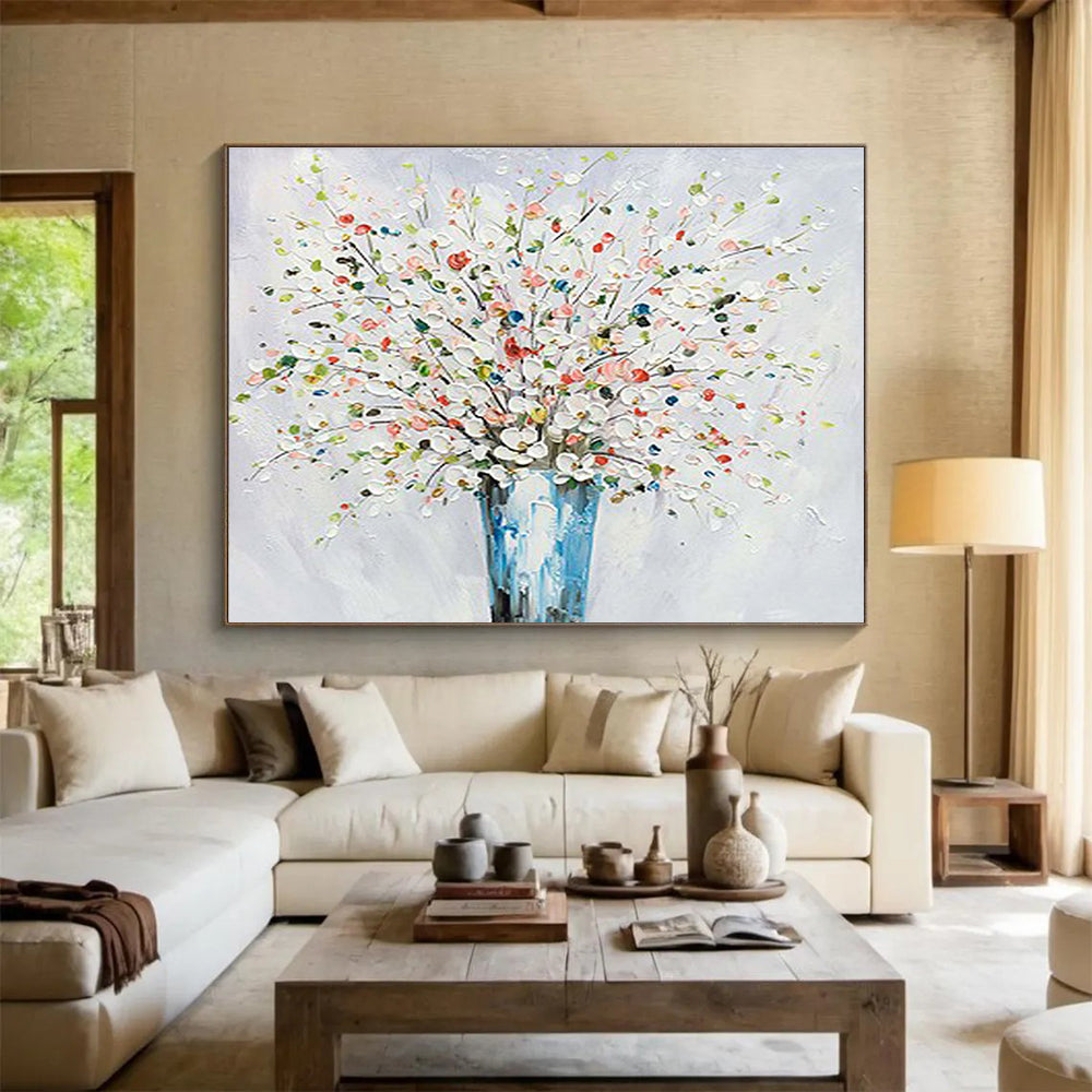 White Flower Vase Abstract Painting with Colorful Accents THY220