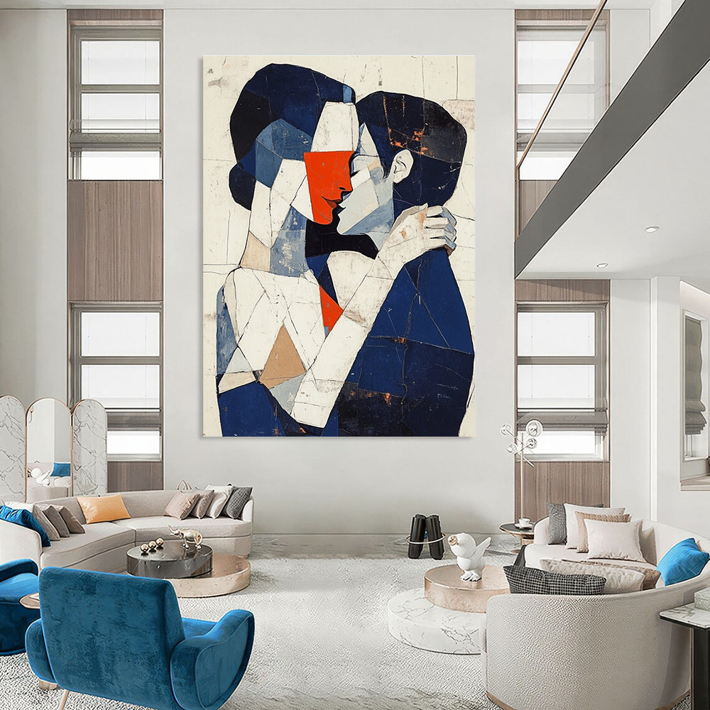 Abstract painting of a man and woman embracing in dark blue white and red tones with deconstructed tailoring and minimal background.STSC1055