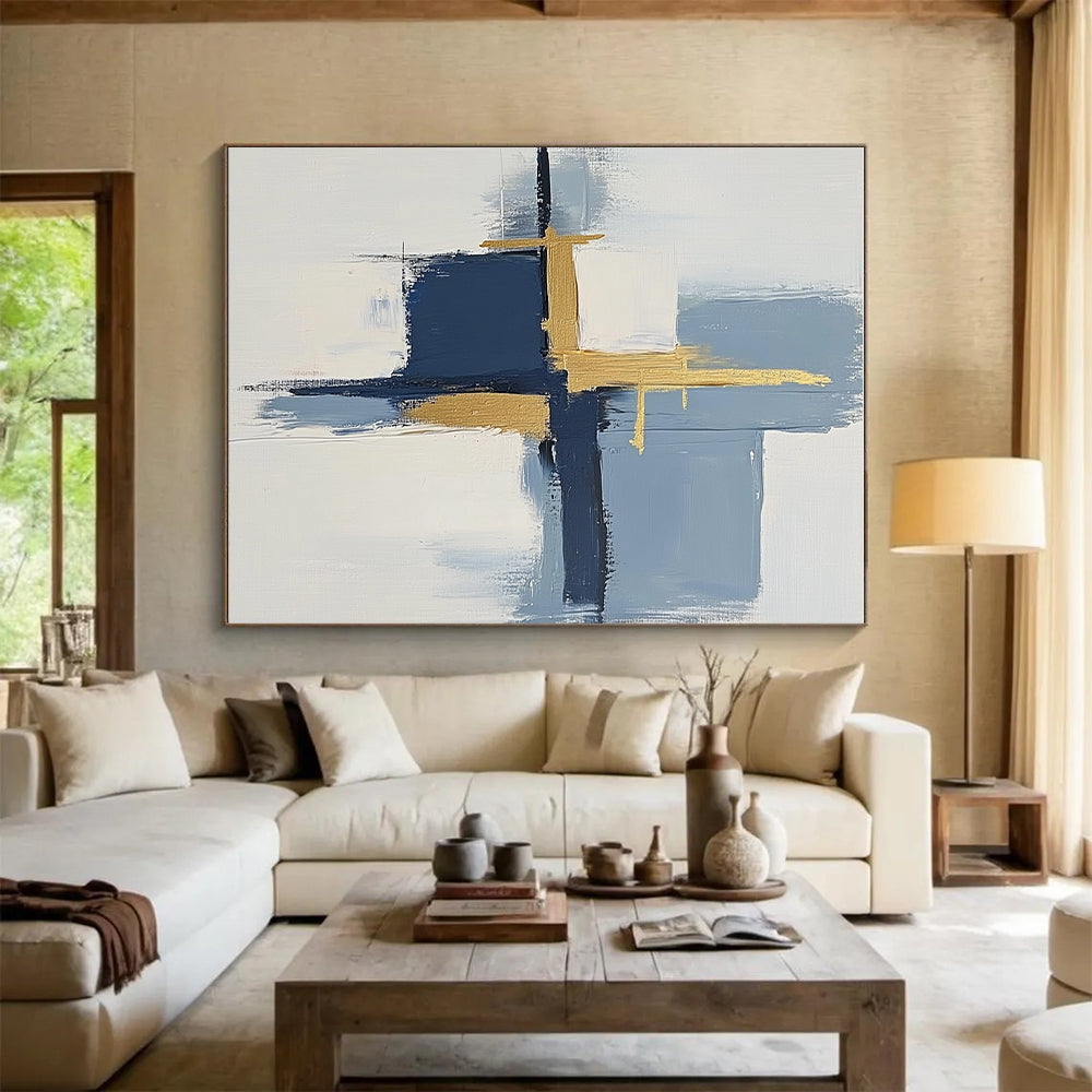 Blue and Gold Abstract Painting with Geometric Forms GER566