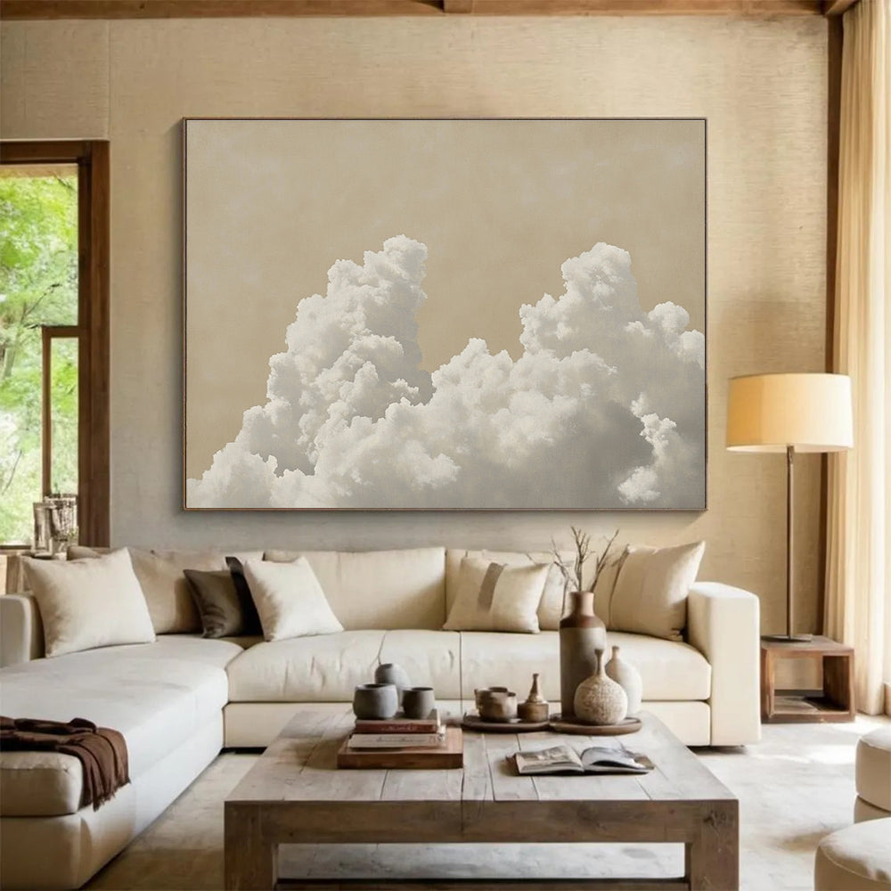 A large abstract painting featuring a cloud of white clouds against a pale beige background with muted colors and ultra-realistic details.SC454