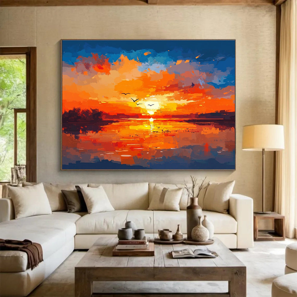 Large abstract painting featuring birds over water warm colors brush strokes reflections sunset sky tranquil atmosphereSC284