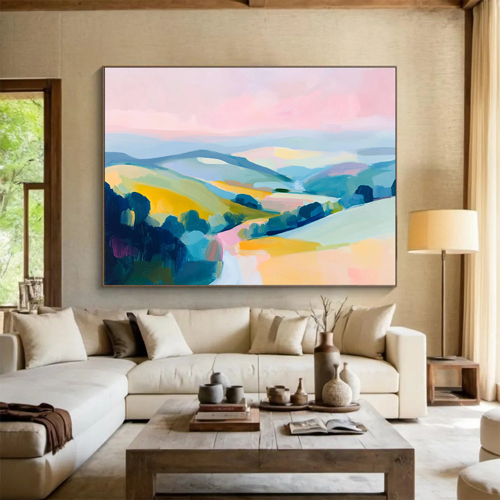 Colorful Abstract Hills Painting with Pink Blue and Yellow DYP288