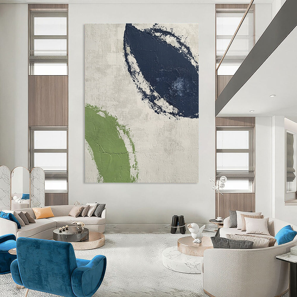 Large abstract painting featuring textured navy blue and green curves on a light gray background, embodying modern simplicity for contemporary interiors.STSC527