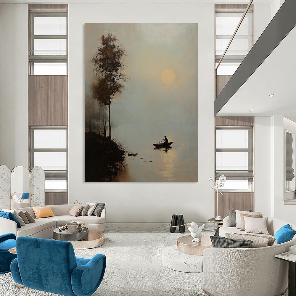 An abstract painting of moonlight over water featuring a man in a boat and a tree silhouette in soft muted tones.STSC1307