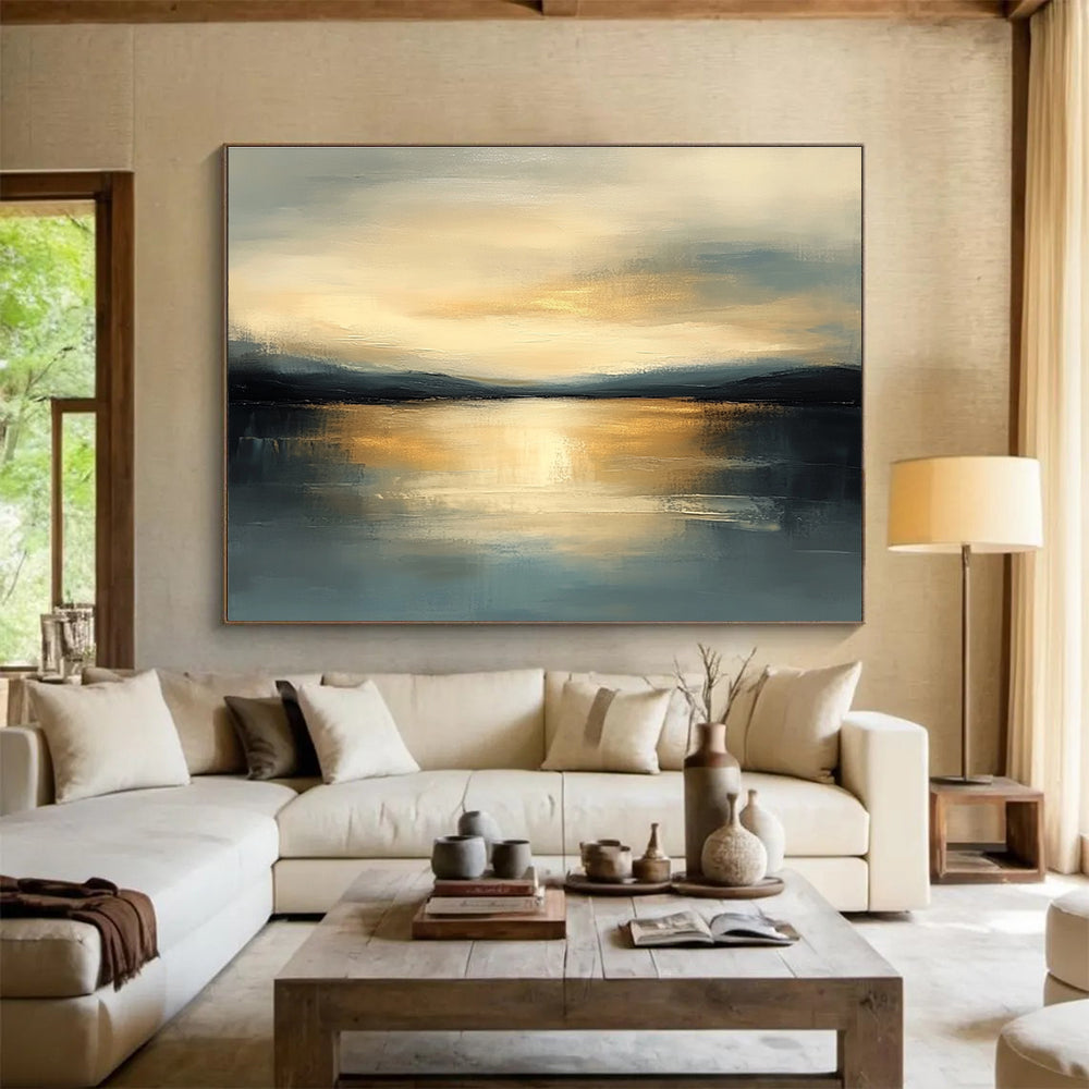 Serene Sunset Landscape Abstract Painting with Golden and Blue Hues DYP224