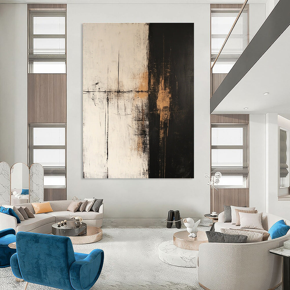 Large abstract oil painting in dark white and light beige with golden details on a dark gray background featuring minimalist and atmospheric style.STSC600