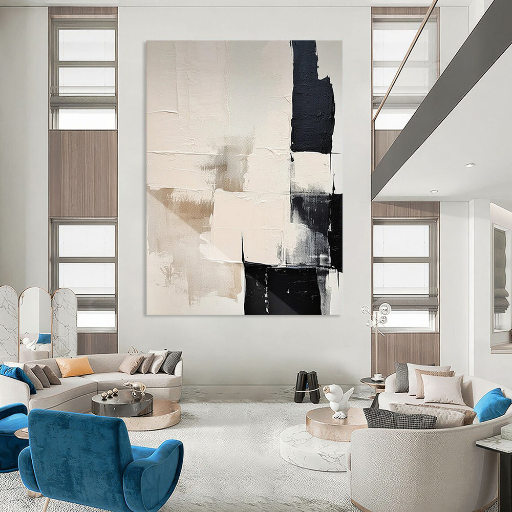 Beige and Black Textured Abstract Painting for Warm Interiors ADGE056