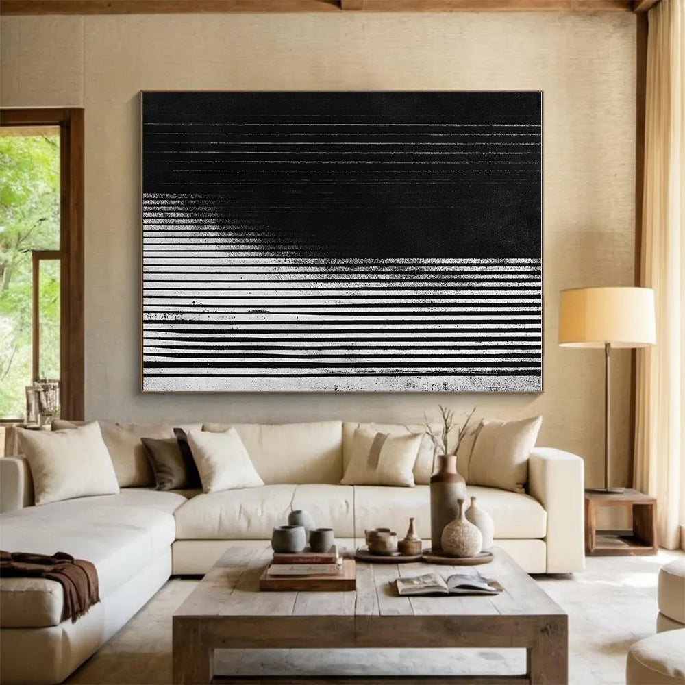 Black and White Vertical Lines Abstract Painting with Textured Surfaces GER013