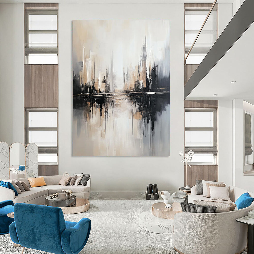 Large abstract artwork on canvas featuring neutral gray and light brown tones with a striking black and white cityscape backdrop.STSC1352
